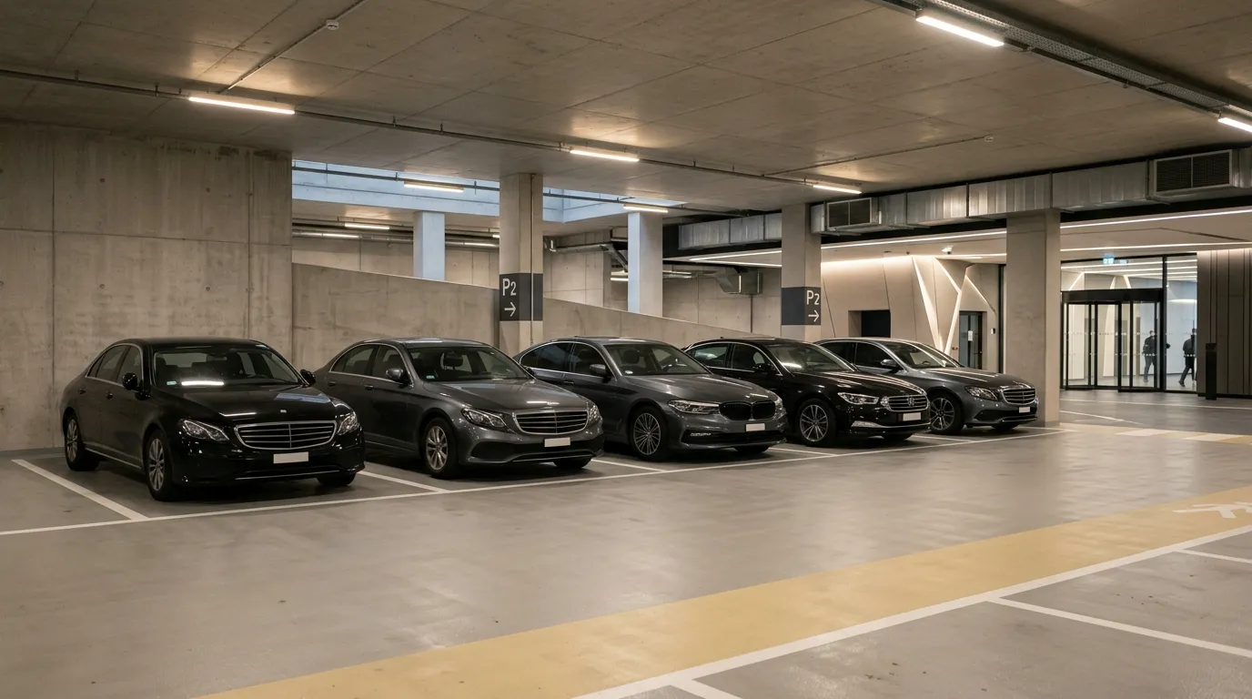 Flotilla de sedanes ejecutivos en un estacionamiento corporativo
